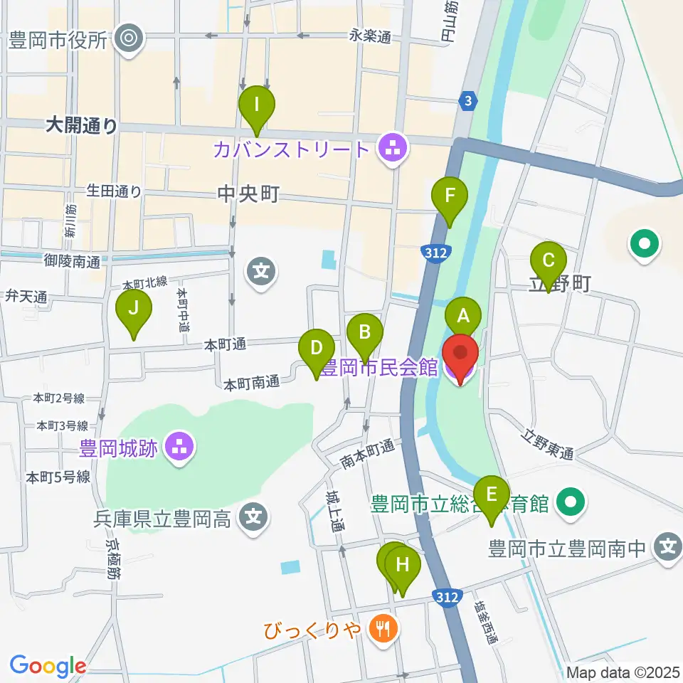 豊岡市民会館周辺の駐車場・コインパーキング一覧地図