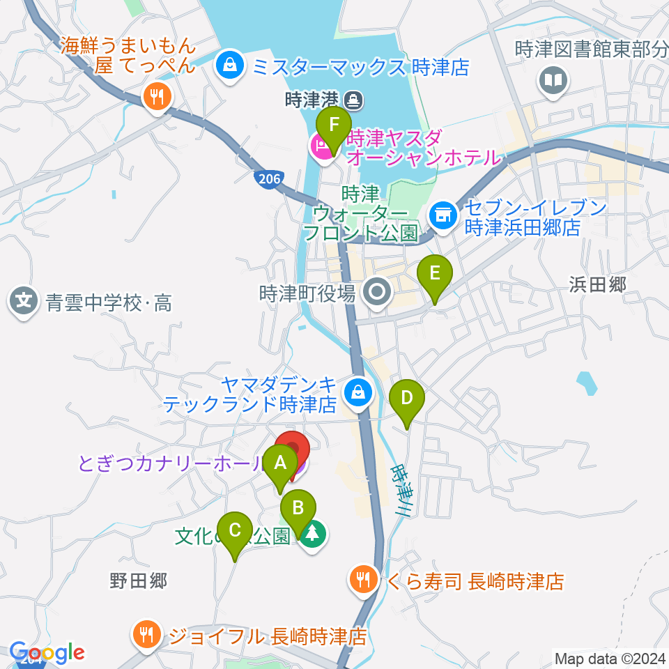 とぎつカナリーホール周辺の駐車場・コインパーキング一覧地図