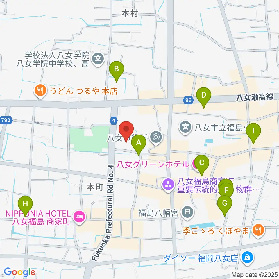 八女市民会館 おりなす八女周辺の駐車場・コインパーキング一覧地図