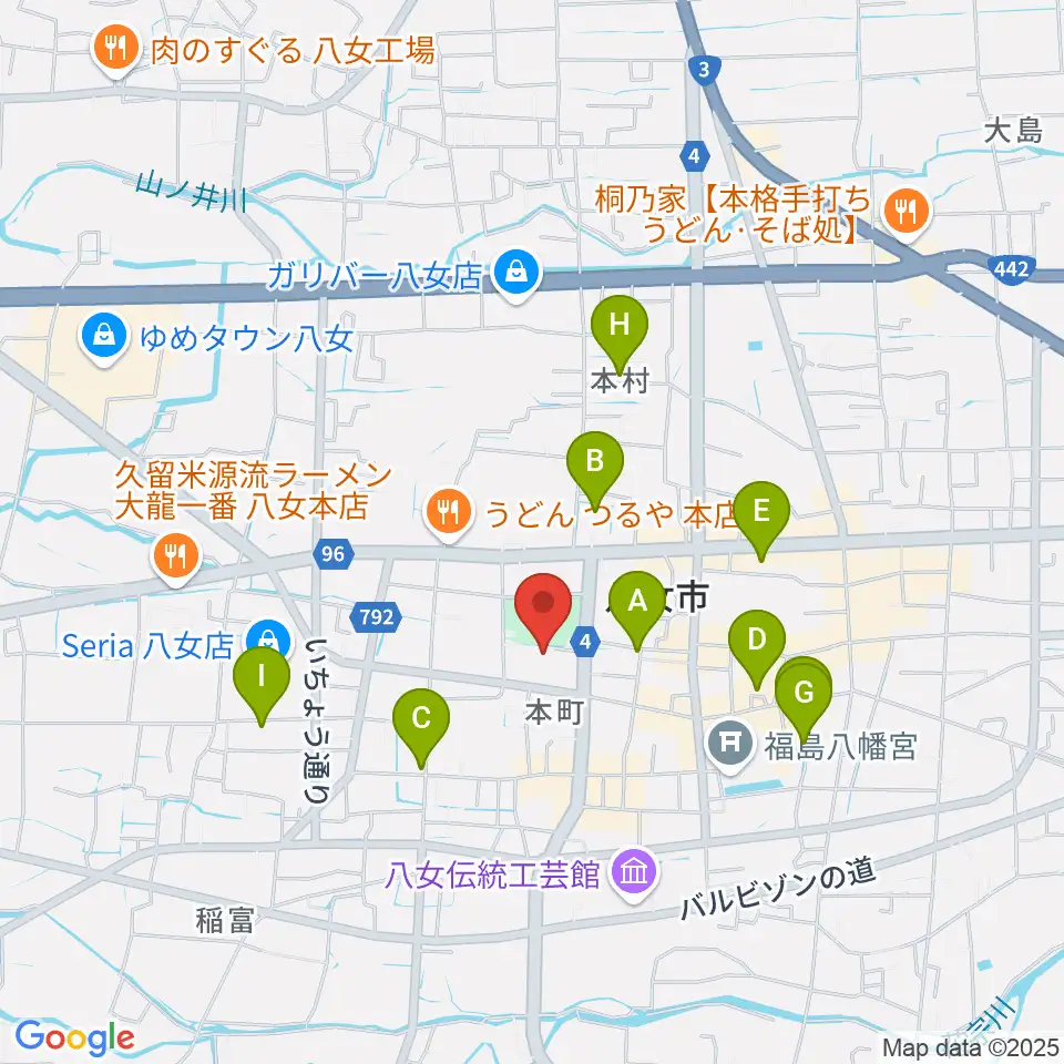 八女文化会館周辺の駐車場・コインパーキング一覧地図