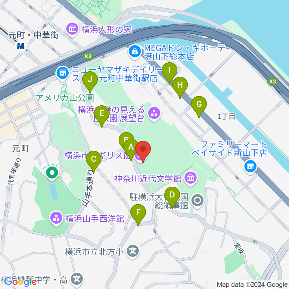 横浜市イギリス館周辺の駐車場・コインパーキング一覧地図