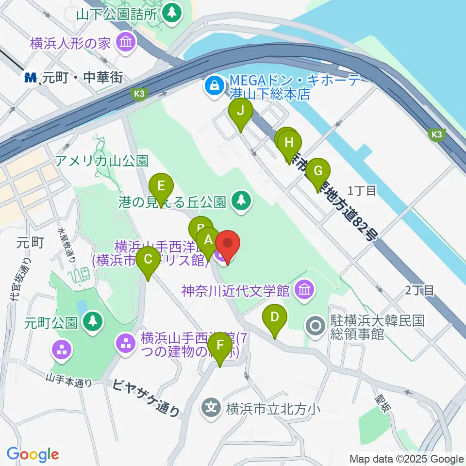 横浜市イギリス館周辺の駐車場・コインパーキング一覧地図