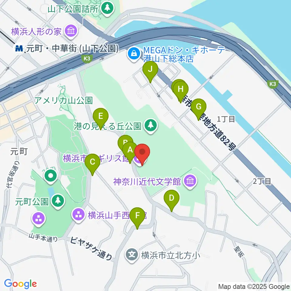 横浜市イギリス館周辺の駐車場・コインパーキング一覧地図