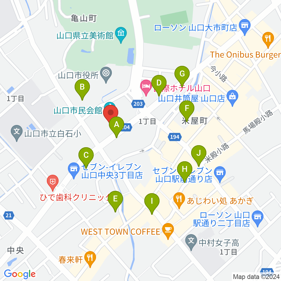 山口市民会館周辺の駐車場・コインパーキング一覧地図