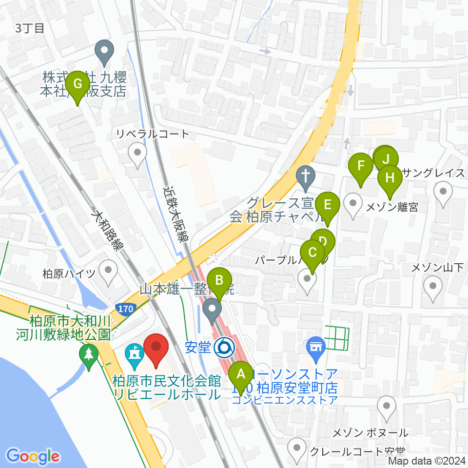 リビエールホール（柏原市民文化会館）周辺の駐車場・コインパーキング一覧地図