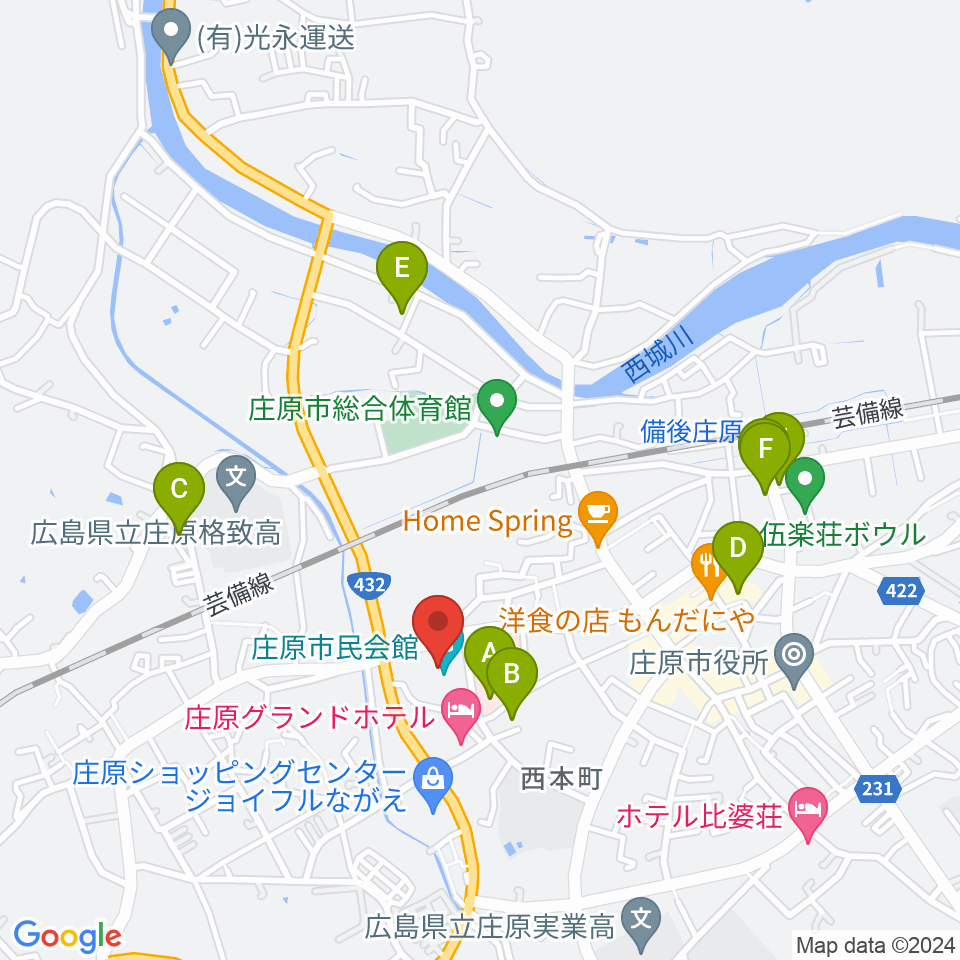 庄原市民会館周辺の駐車場・コインパーキング一覧地図