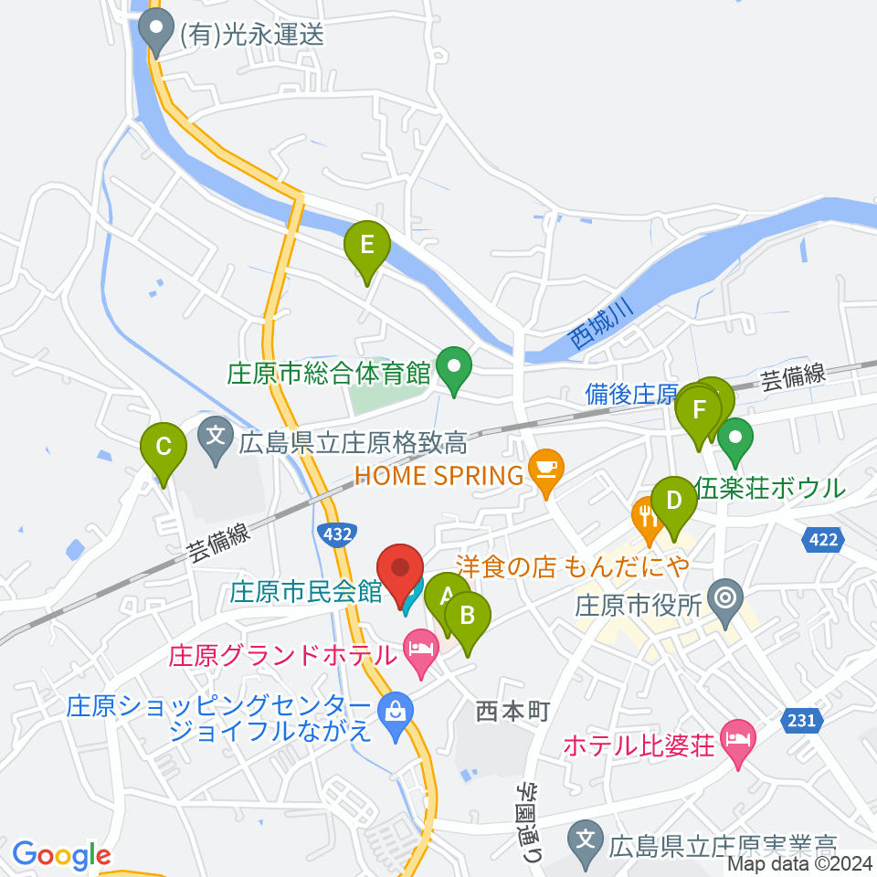 庄原市民会館周辺の駐車場・コインパーキング一覧地図