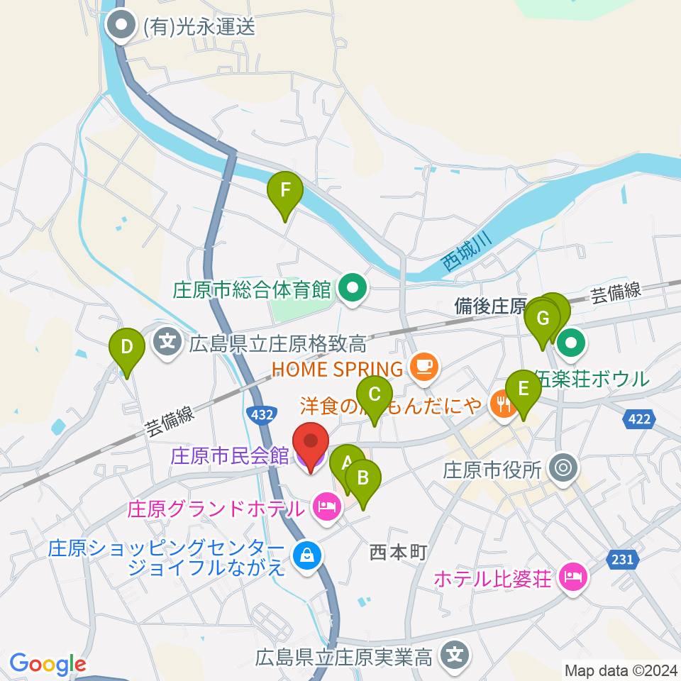 庄原市民会館周辺の駐車場・コインパーキング一覧地図