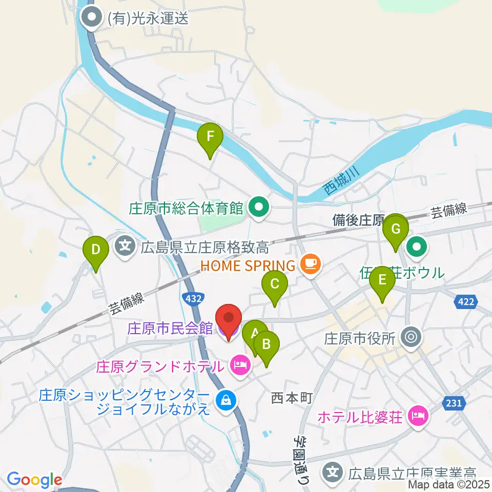 庄原市民会館周辺の駐車場・コインパーキング一覧地図