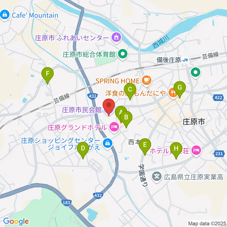 庄原市民会館周辺の駐車場・コインパーキング一覧地図