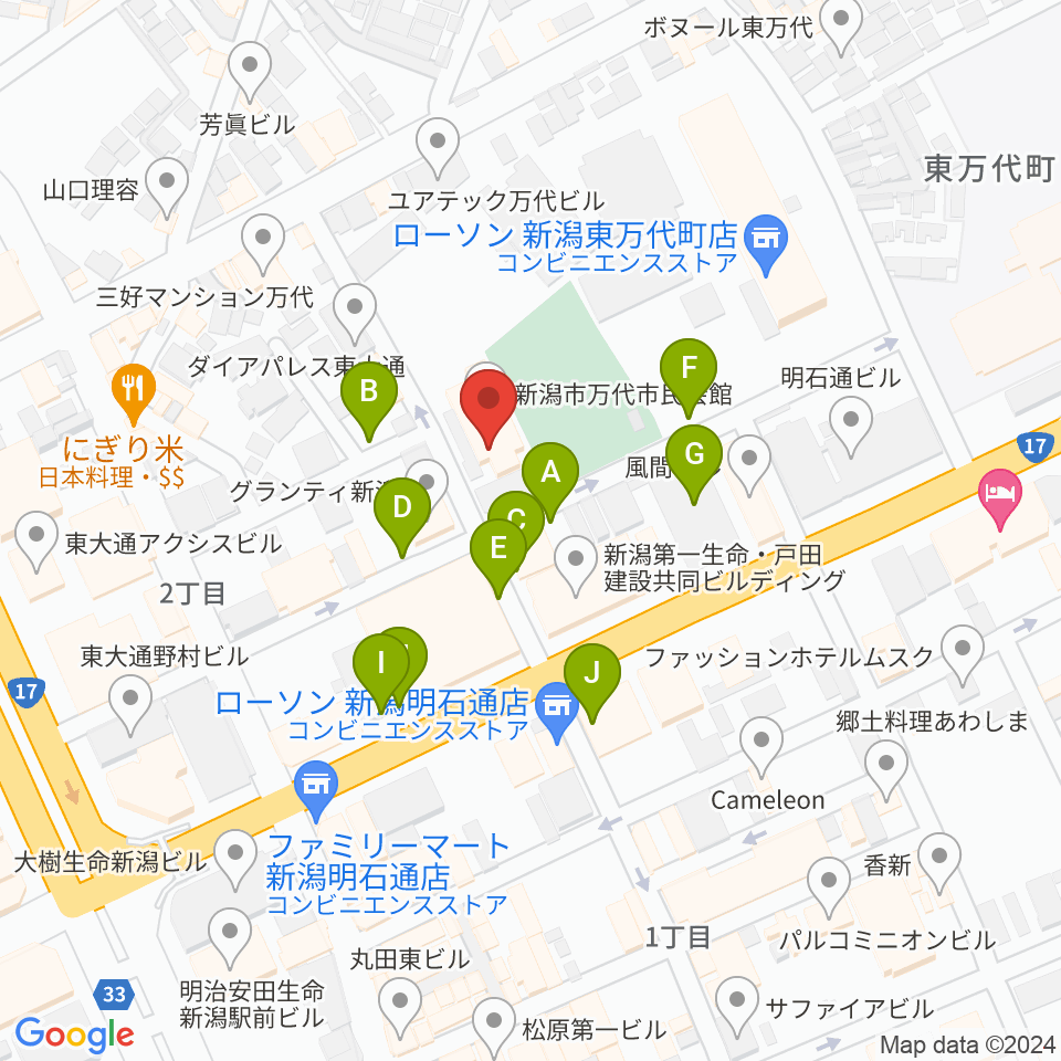 新潟市万代市民会館周辺の駐車場・コインパーキング一覧地図