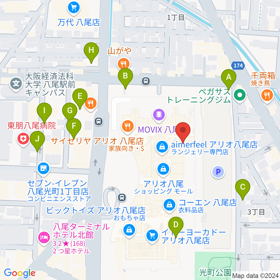 タワーレコード アリオ八尾店周辺の駐車場・コインパーキング一覧地図