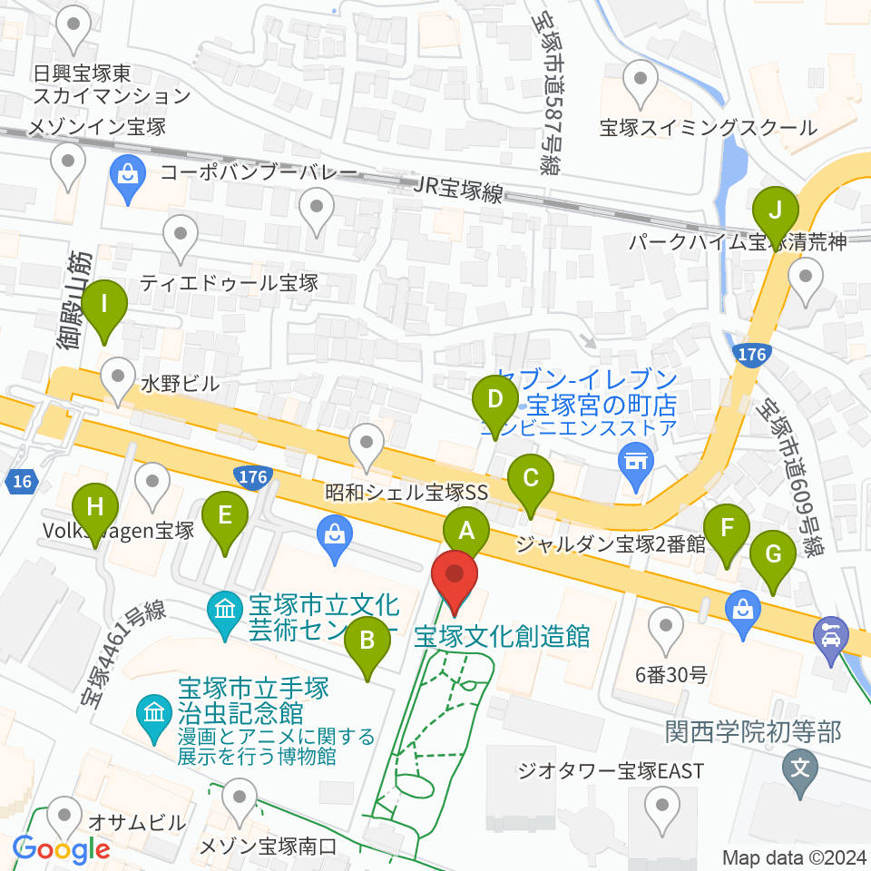 宝塚文化創造館周辺の駐車場・コインパーキング一覧地図