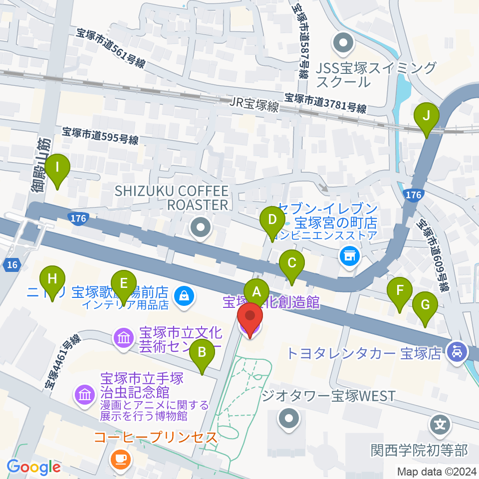 宝塚文化創造館周辺の駐車場・コインパーキング一覧地図