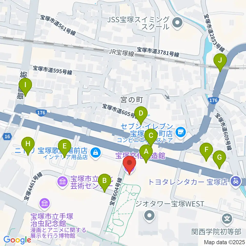 宝塚文化創造館周辺の駐車場・コインパーキング一覧地図
