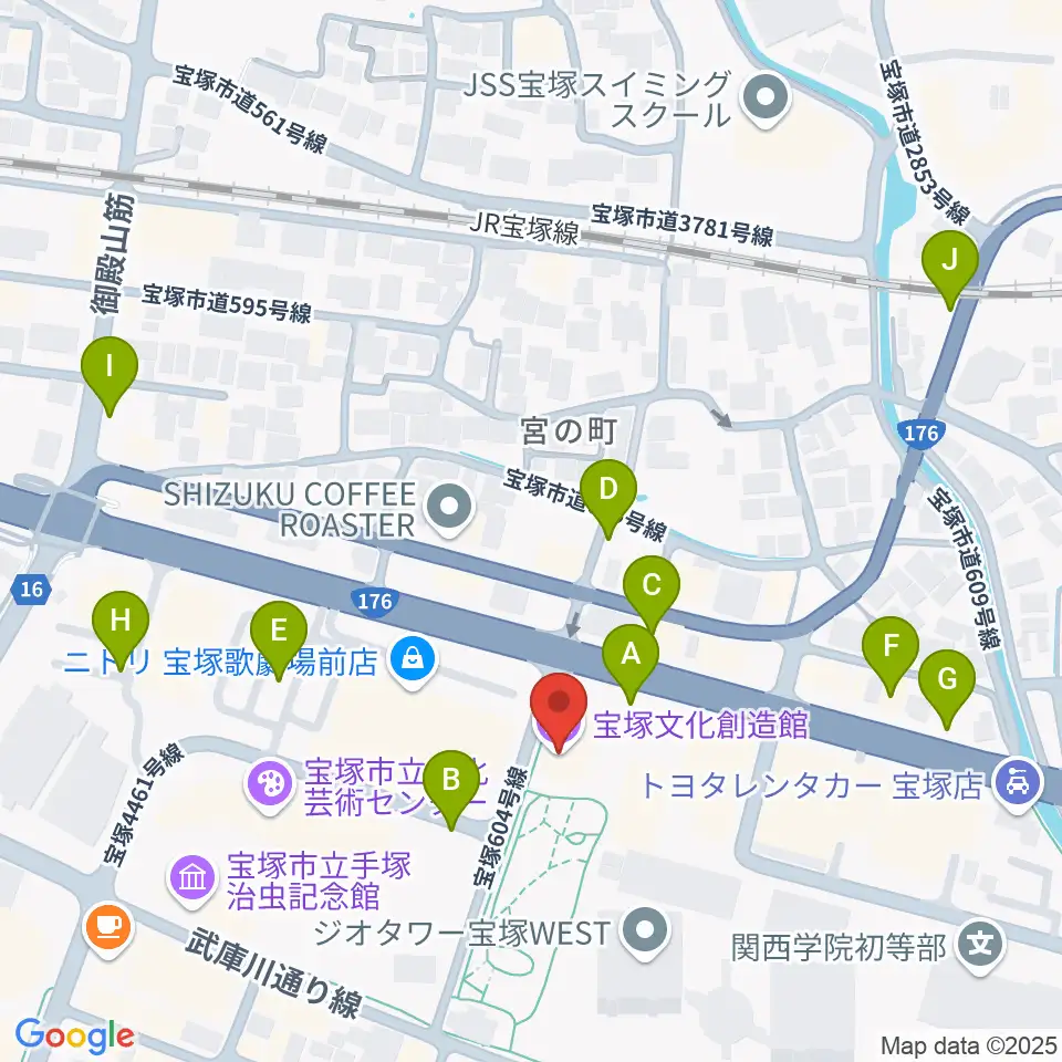 宝塚文化創造館周辺の駐車場・コインパーキング一覧地図