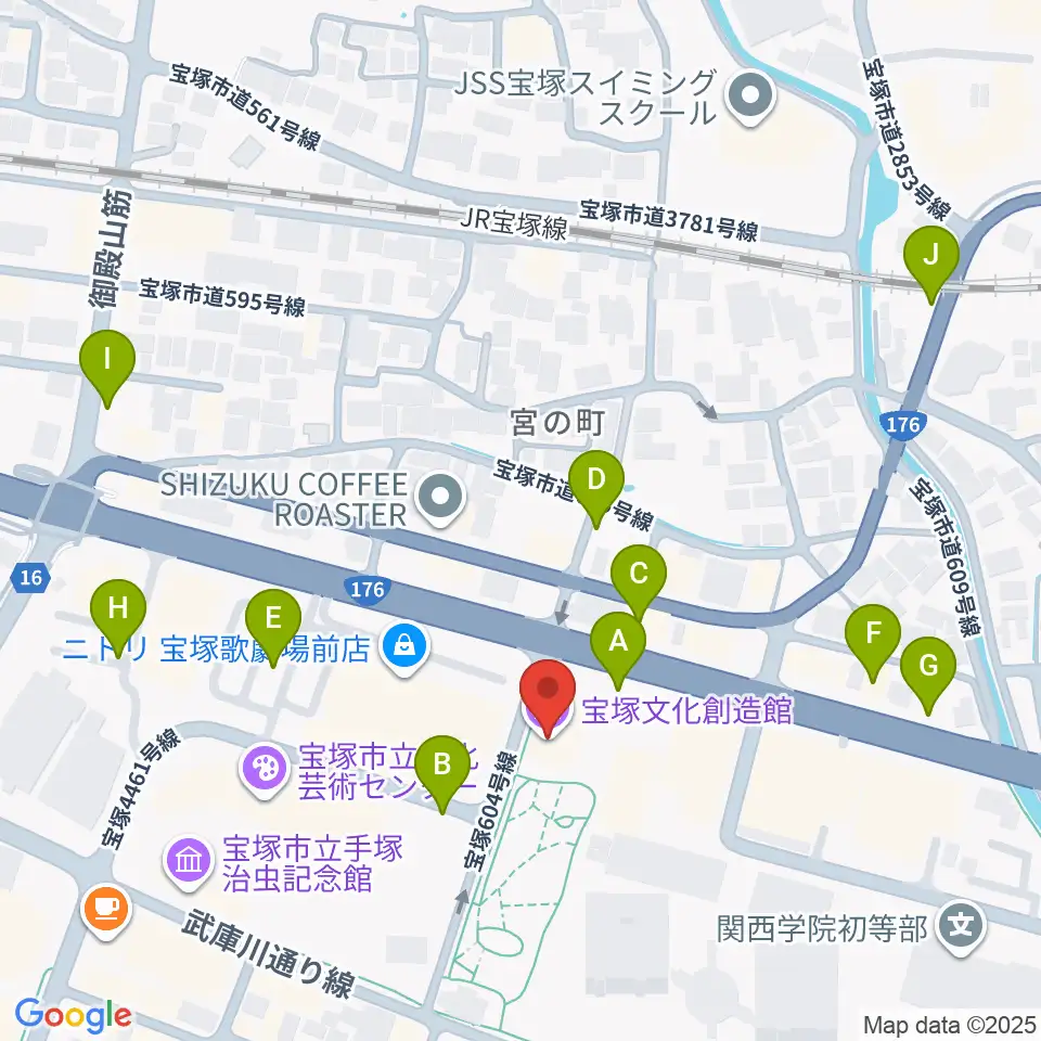 宝塚文化創造館周辺の駐車場・コインパーキング一覧地図