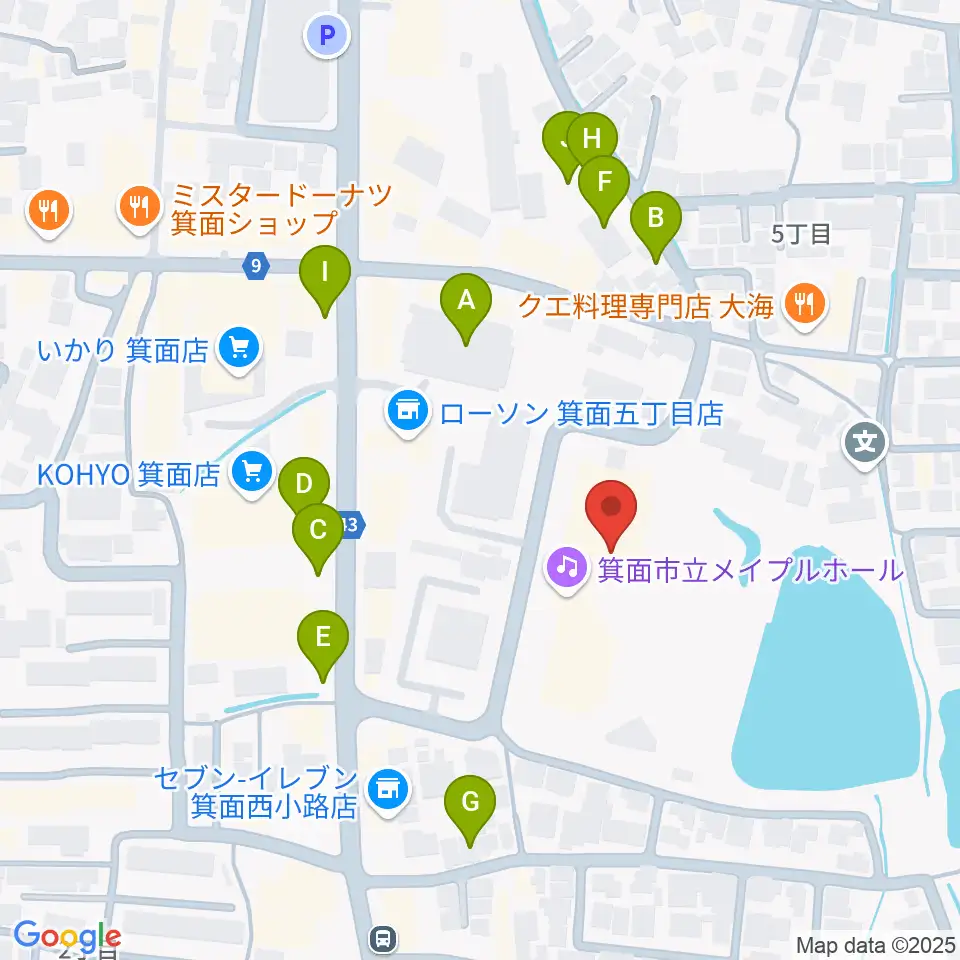 箕面市立メイプルホール周辺の駐車場・コインパーキング一覧地図