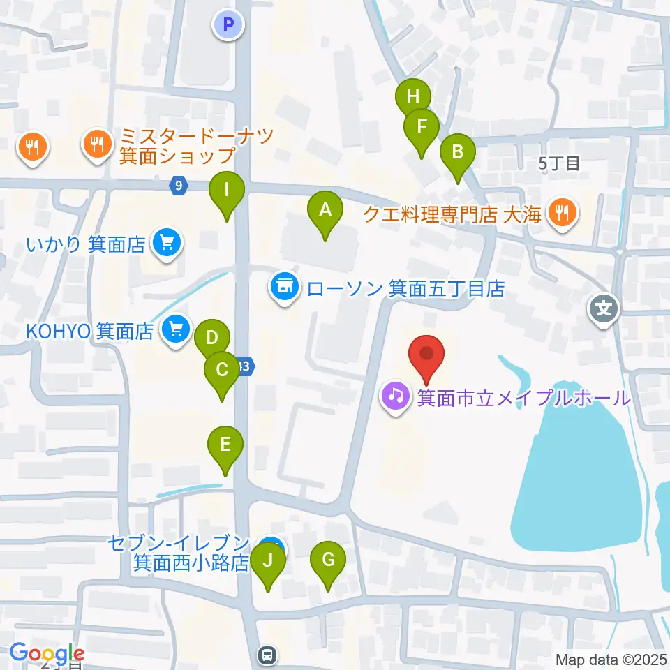 箕面市立メイプルホール周辺の駐車場・コインパーキング一覧地図