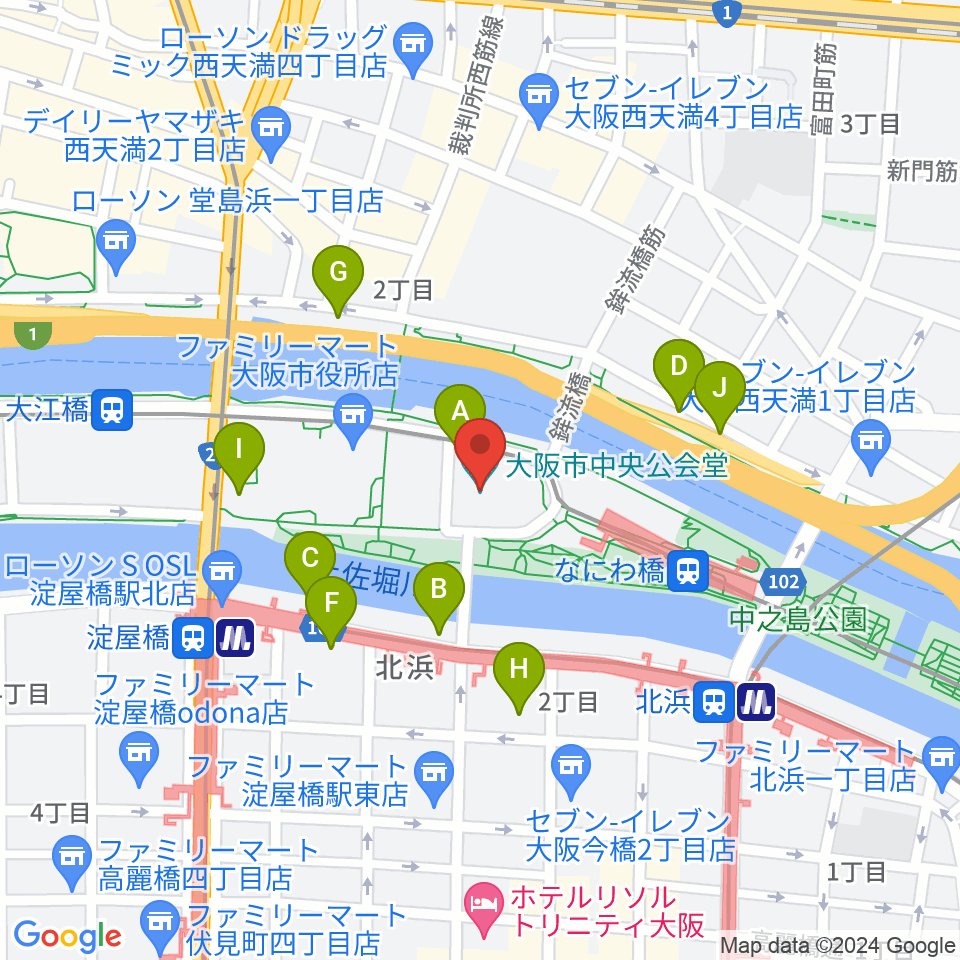 大阪市中央公会堂周辺の駐車場・コインパーキング一覧地図