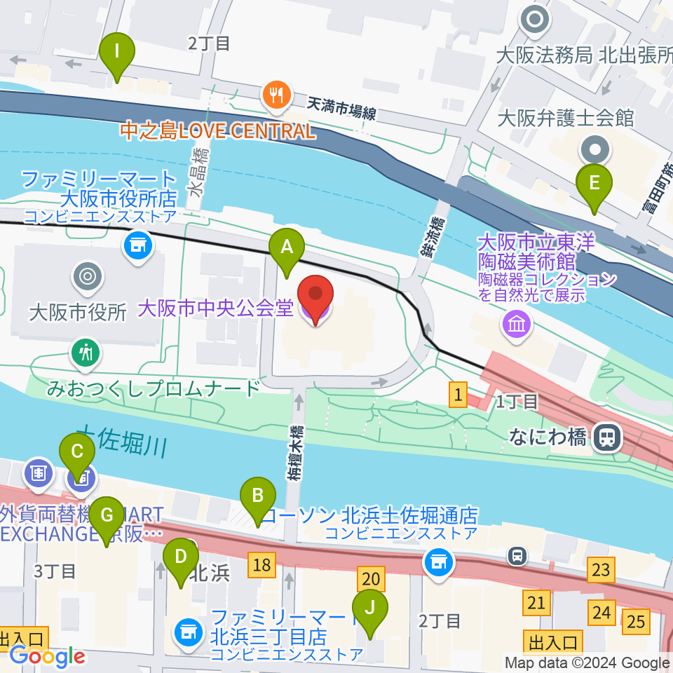 大阪市中央公会堂周辺の駐車場・コインパーキング一覧地図