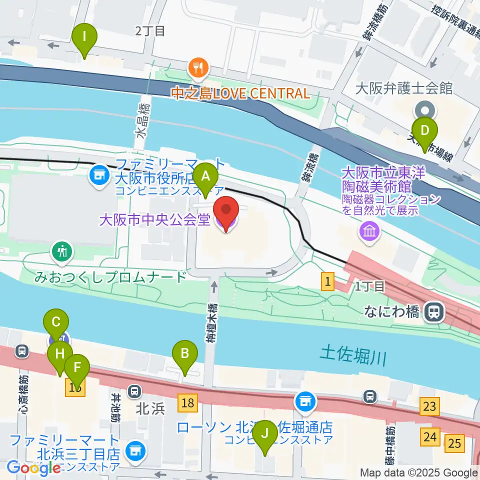 大阪市中央公会堂周辺の駐車場・コインパーキング一覧地図