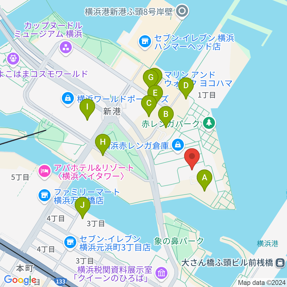 横浜赤レンガ倉庫1号館周辺の駐車場・コインパーキング一覧地図