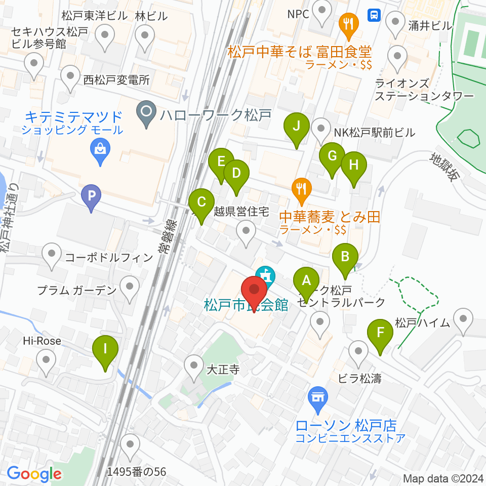 松戸市民会館周辺の駐車場・コインパーキング一覧地図