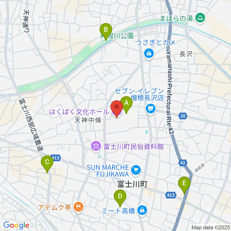 はくばく文化ホール周辺の駐車場・コインパーキング一覧地図