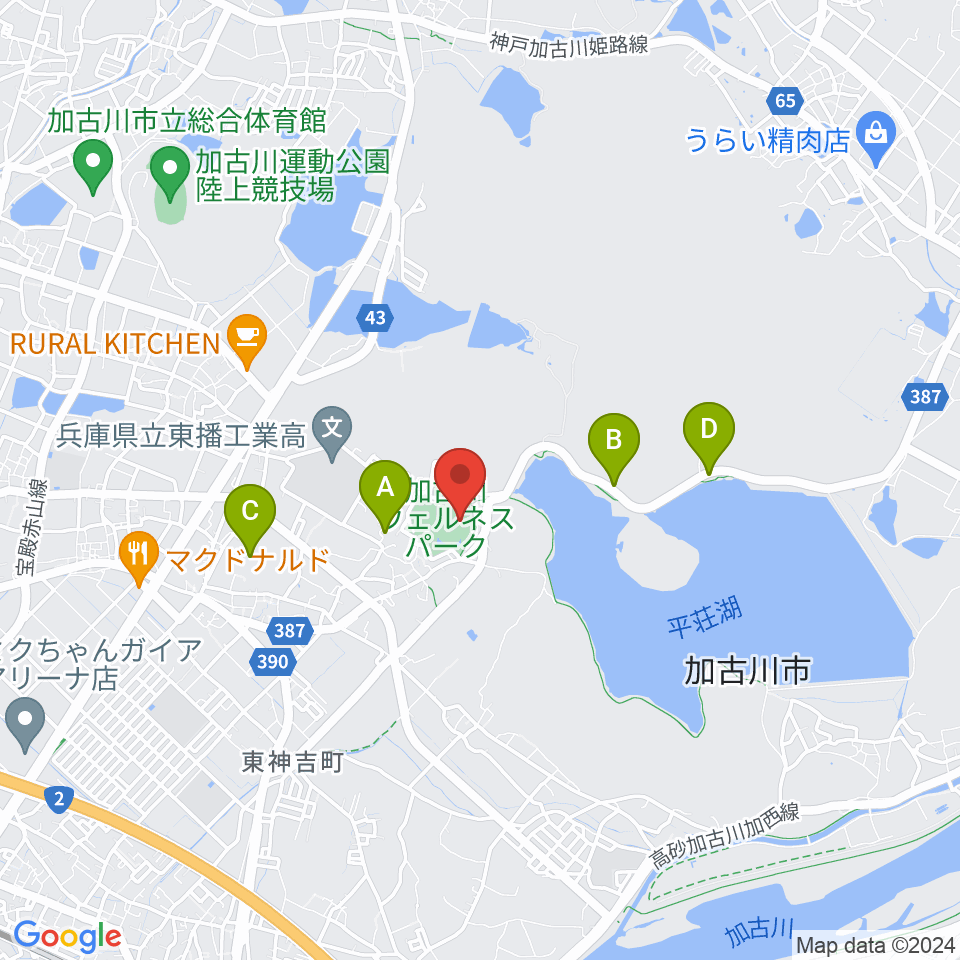 加古川ウェルネスパーク アラベスクホール周辺の駐車場・コインパーキング一覧地図