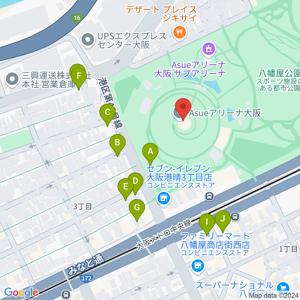 Asueアリーナ大阪周辺の駐車場・コインパーキング一覧地図