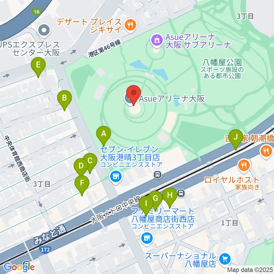 Asueアリーナ大阪周辺の駐車場・コインパーキング一覧地図