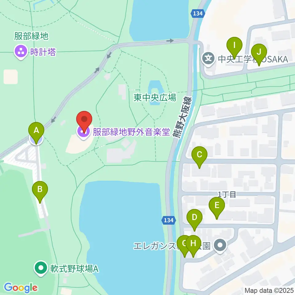 服部緑地野外音楽堂周辺の駐車場・コインパーキング一覧地図