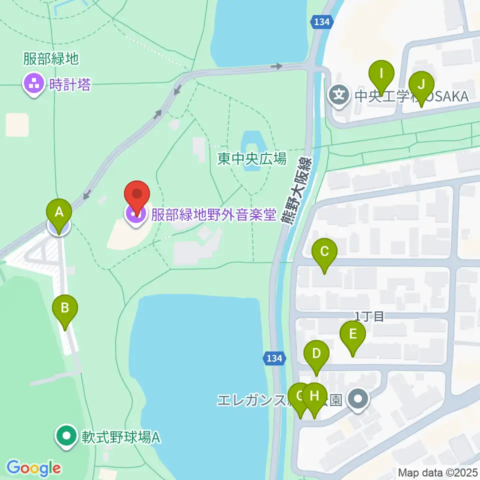 服部緑地野外音楽堂周辺の駐車場・コインパーキング一覧地図