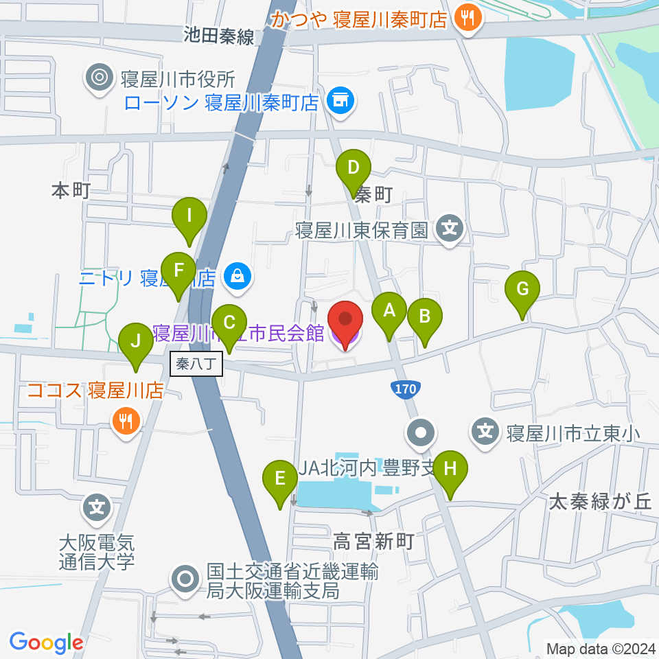 寝屋川市立市民会館周辺の駐車場・コインパーキング一覧地図