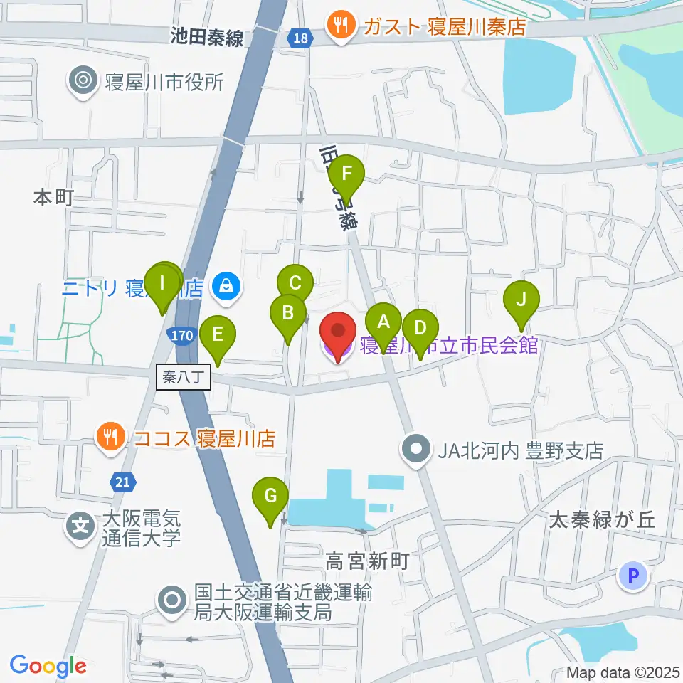 寝屋川市立市民会館周辺の駐車場・コインパーキング一覧地図