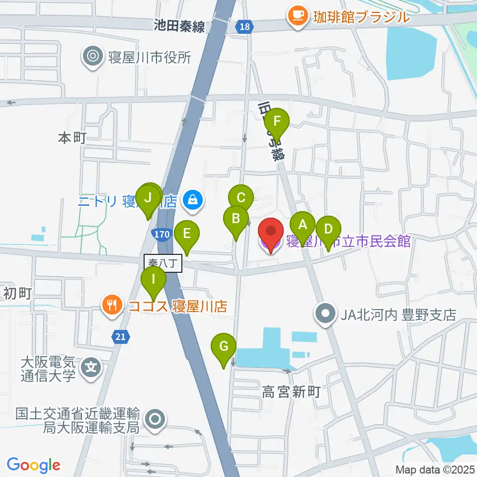 寝屋川市立市民会館周辺の駐車場・コインパーキング一覧地図