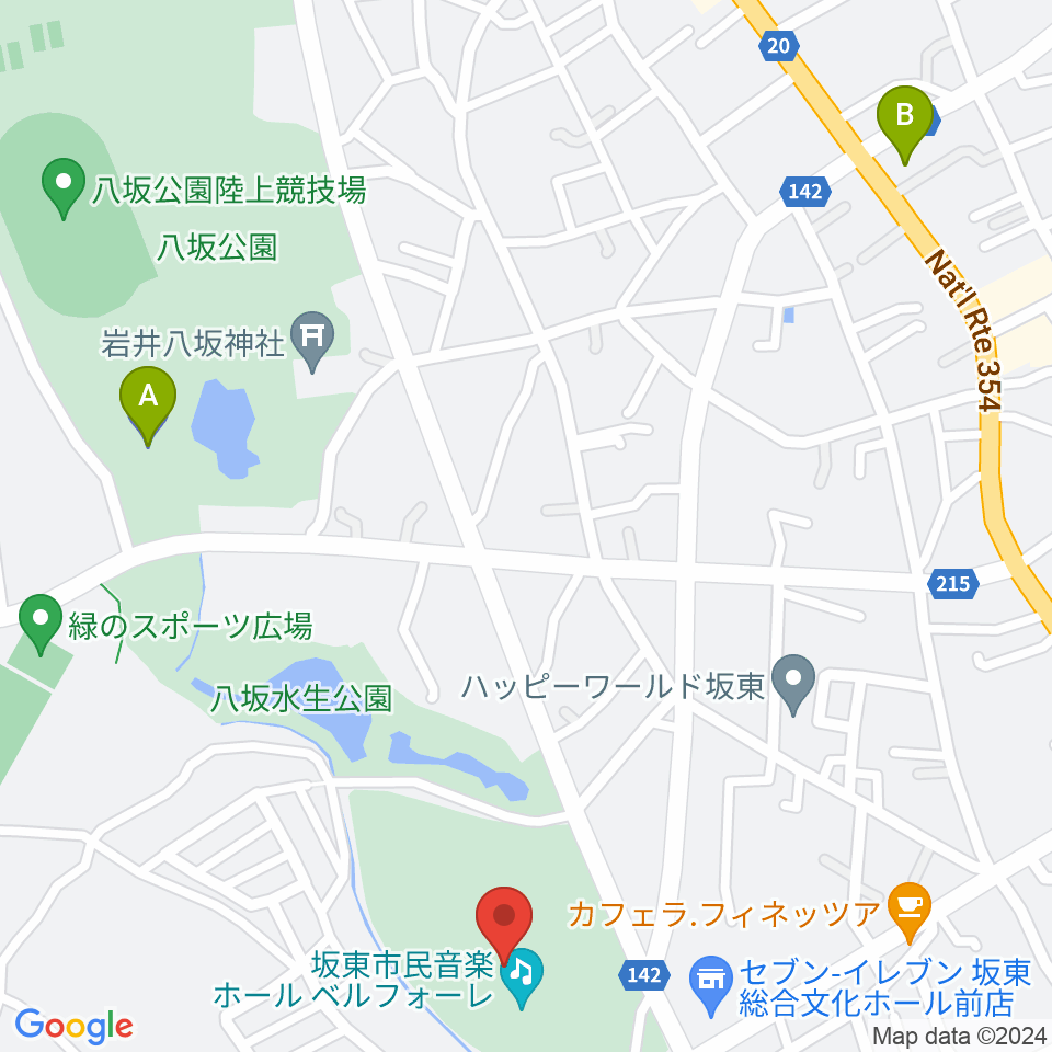 坂東市民音楽ホール ベルフォーレ周辺の駐車場・コインパーキング一覧地図
