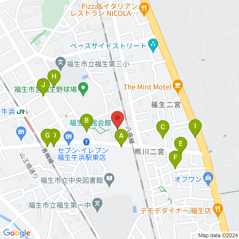 福生市民会館周辺の駐車場・コインパーキング一覧地図