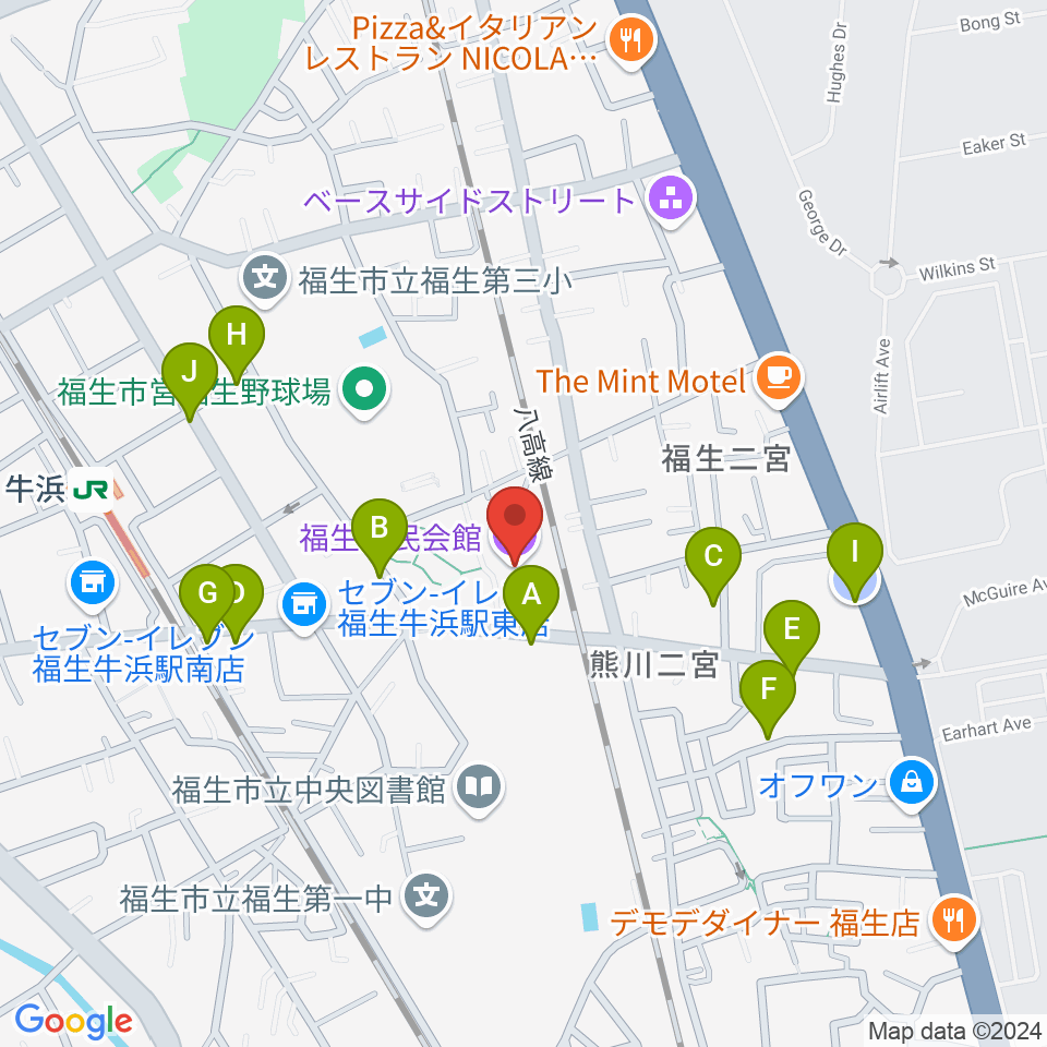 福生市民会館周辺の駐車場・コインパーキング一覧地図