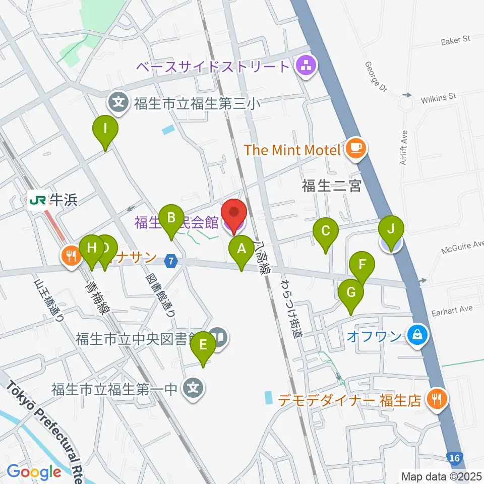 福生市民会館周辺の駐車場・コインパーキング一覧地図