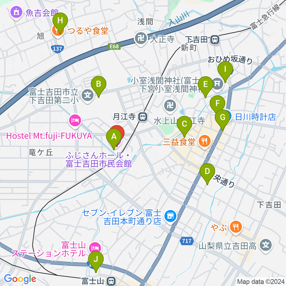 ふじさんホール・富士吉田市民会館周辺の駐車場・コインパーキング一覧地図