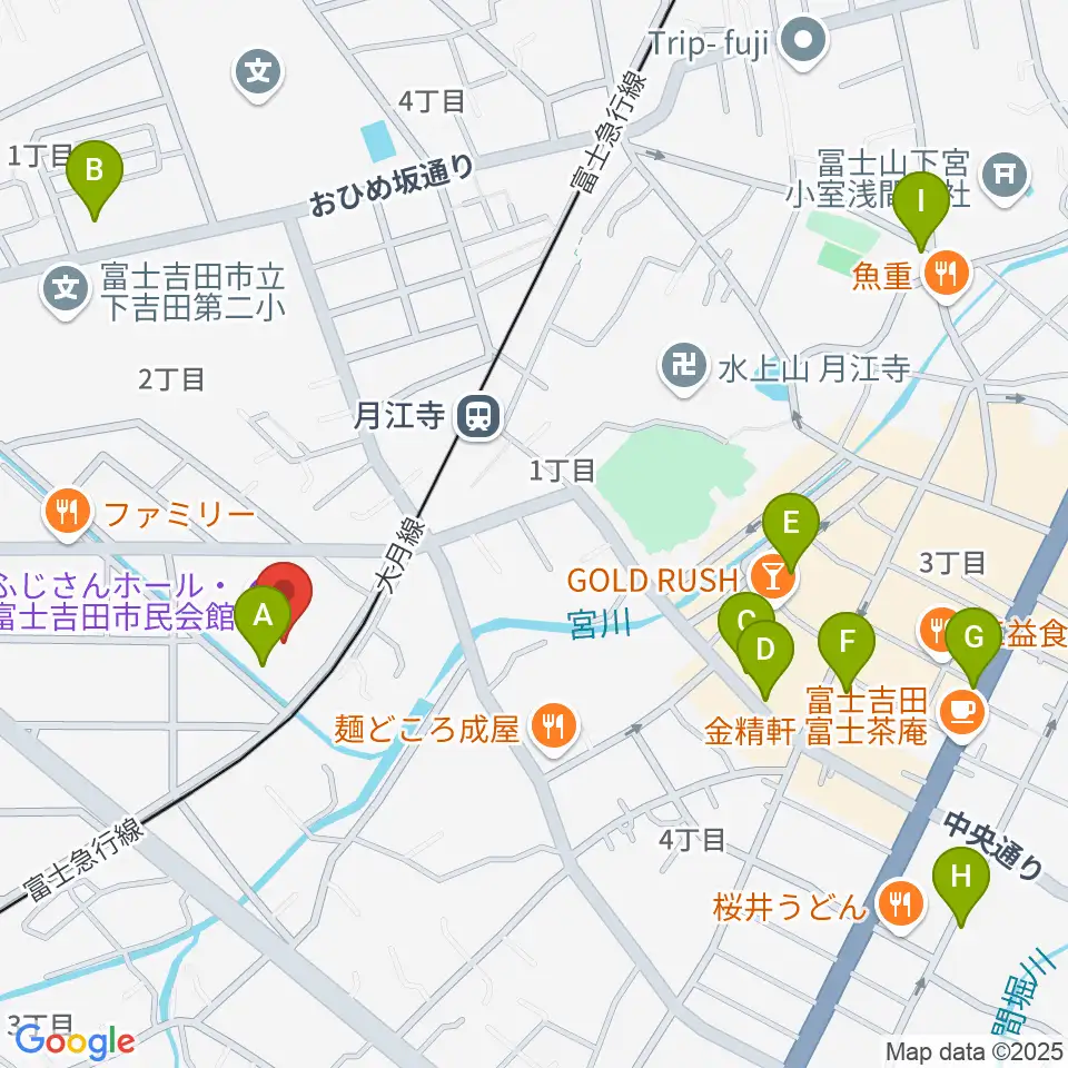 ふじさんホール・富士吉田市民会館周辺の駐車場・コインパーキング一覧地図