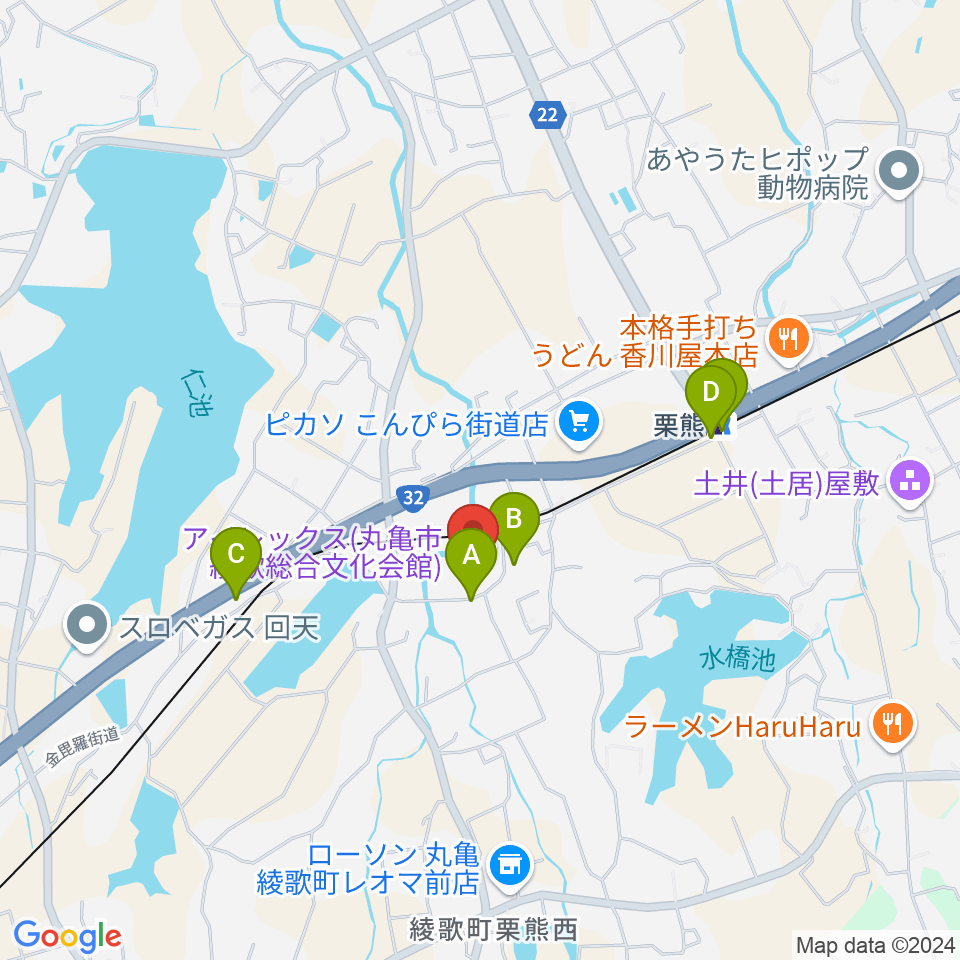 丸亀市綾歌総合文化会館アイレックス周辺の駐車場・コインパーキング一覧地図