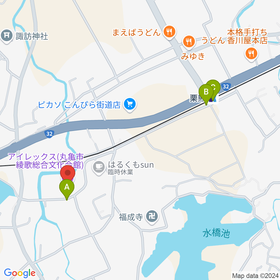 丸亀市綾歌総合文化会館アイレックス周辺の駐車場・コインパーキング一覧地図