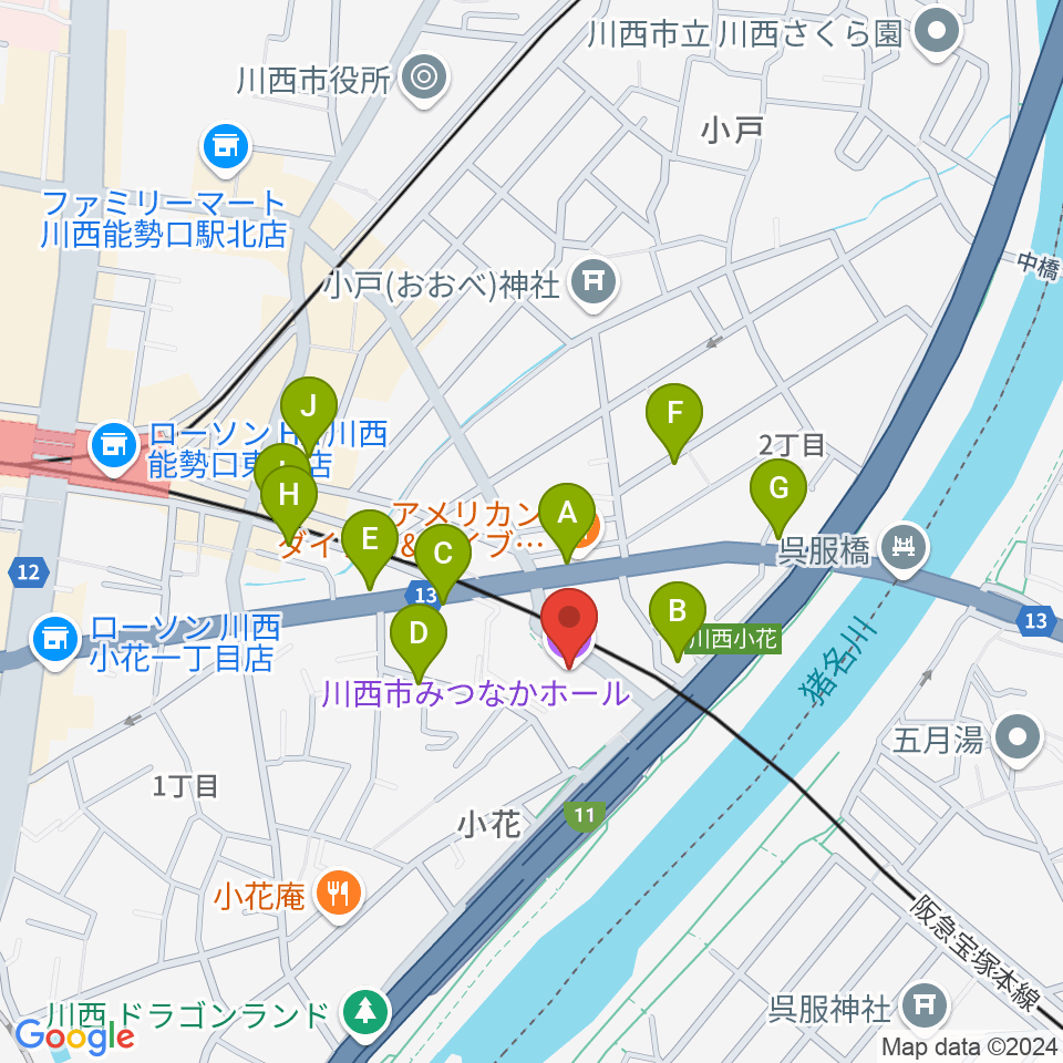 川西市みつなかホール周辺の駐車場・コインパーキング一覧地図