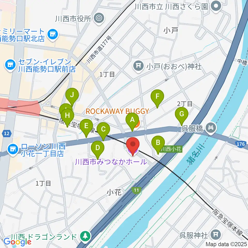 川西市みつなかホール周辺の駐車場・コインパーキング一覧地図