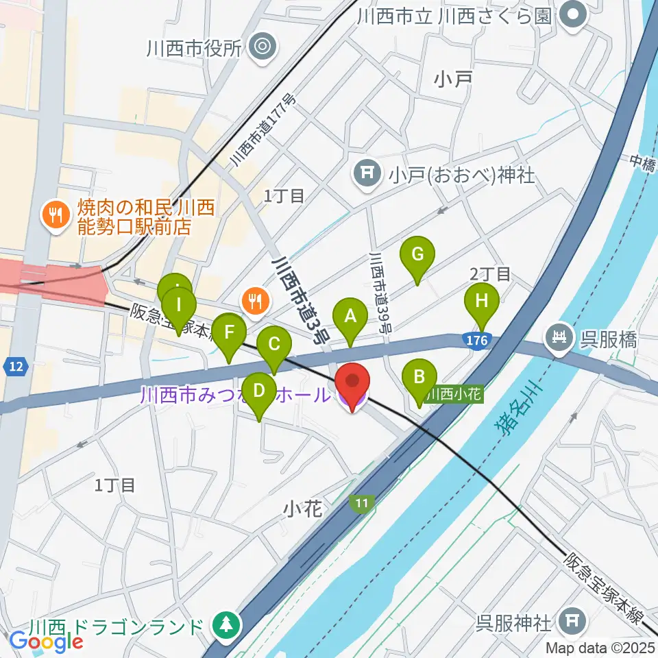川西市みつなかホール周辺の駐車場・コインパーキング一覧地図