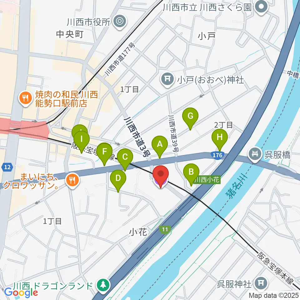 川西市みつなかホール周辺の駐車場・コインパーキング一覧地図