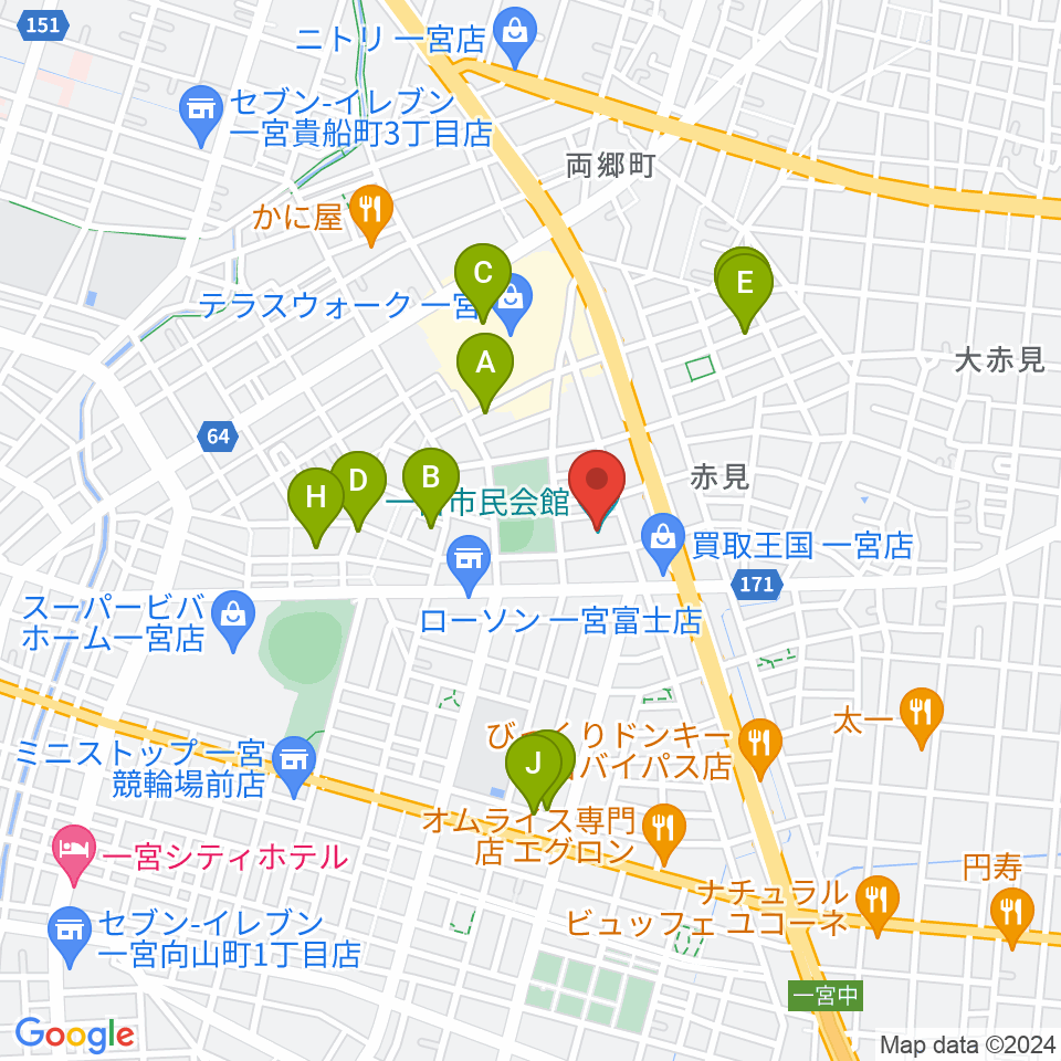 一宮市市民会館周辺の駐車場・コインパーキング一覧地図